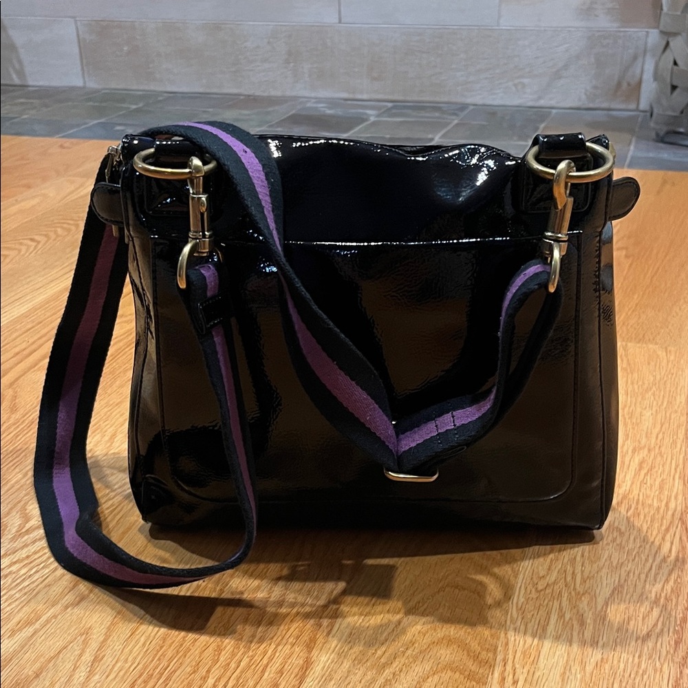 Eric Javits Black Patent Backpack with Purple Strap - Picture 2 of 4